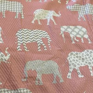 Standard size shower curtain, pink with gray and white elephants
